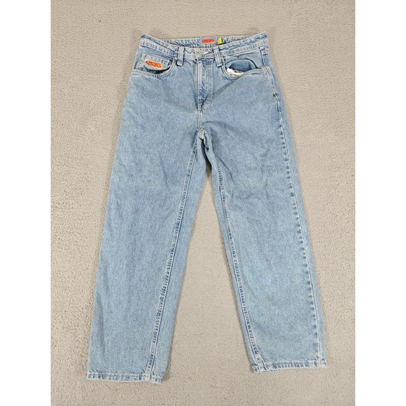 Empyre Relax Jeans Mens 30 Light Wash Blue Denim Straight Leg Embroidered Patch - Picture 1 of 14